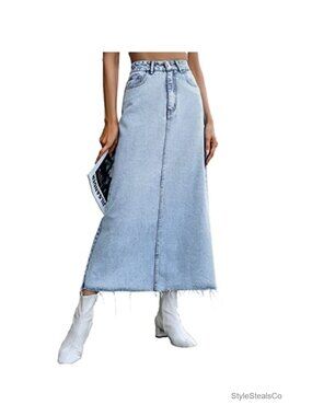 High Waist Long Denim Midi Skirt Cotton Stretch A-Line Raw Hem Pockets